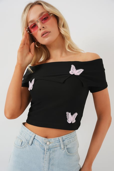 Schmetterlings-Applikation Off-Shoulder Kurzarm Cropped Top - Image 4