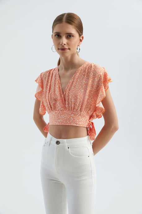 Blumiges V-Ausschnitt Crop Top mit Seitenschnürung - Image 2