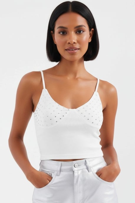 Steinverzierte Taillierte Cropped-Top mit V-Ausschnitt - Image 1