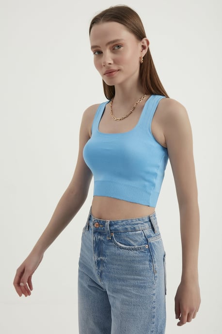 Gewebtes quadratisches Hals-Ausschnitt ärmelloses Basic Crop-Top - Image 2