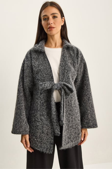 Strukturiertes Oversized V-Ausschnitt Cardigan mit Bindegürtel - Image 1