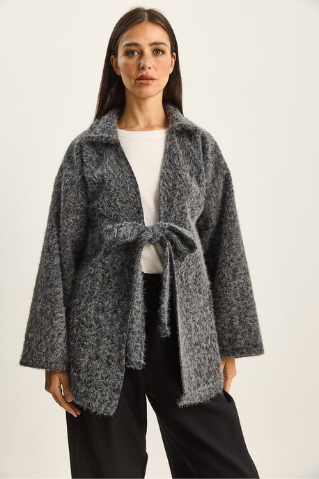 Strukturiertes Oversized V-Ausschnitt Cardigan mit Bindegürtel - Image 2
