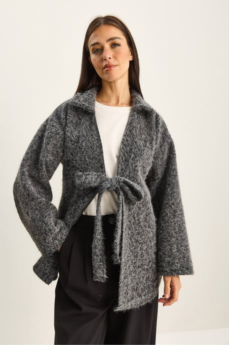 Strukturiertes Oversized V-Ausschnitt Cardigan mit Bindegürtel - Image 3