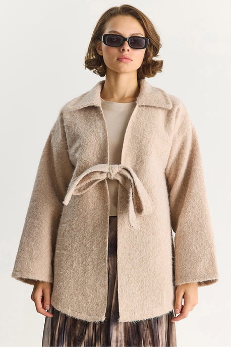 Strukturierter Oversized V-Ausschnitt Cardigan mit Krawattenverschluss - Image 1