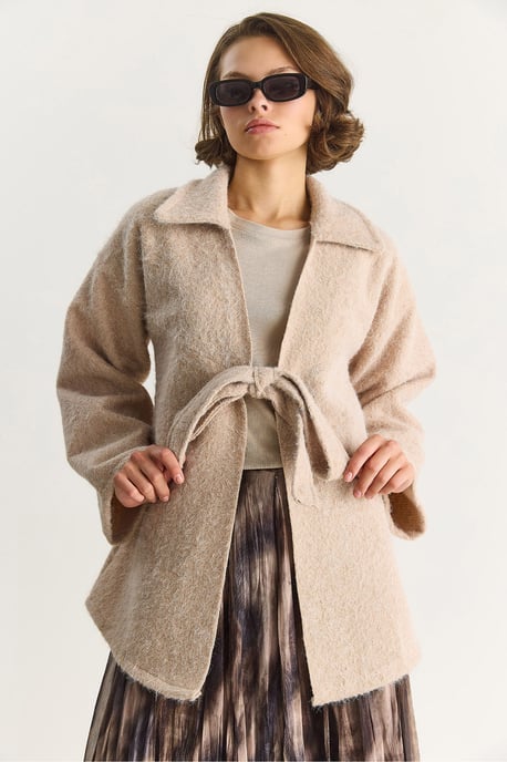 Strukturierter Oversized V-Ausschnitt Cardigan mit Krawattenverschluss - Image 2
