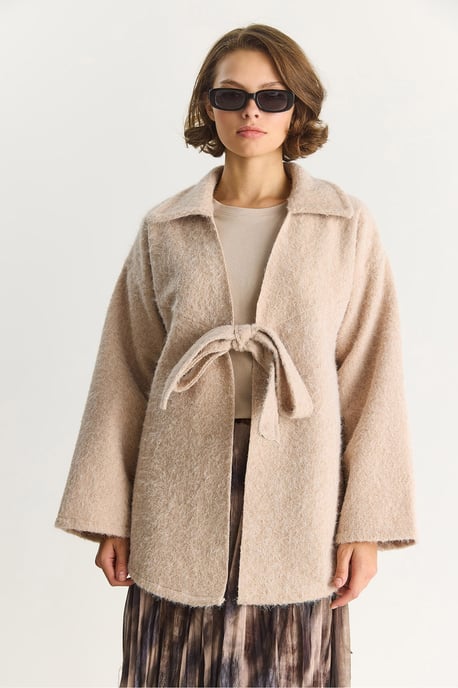 Strukturierter Oversized V-Ausschnitt Cardigan mit Krawattenverschluss - Image 3