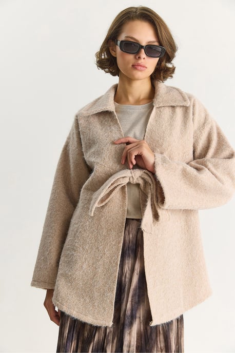 Strukturierter Oversized V-Ausschnitt Cardigan mit Krawattenverschluss - Image 4