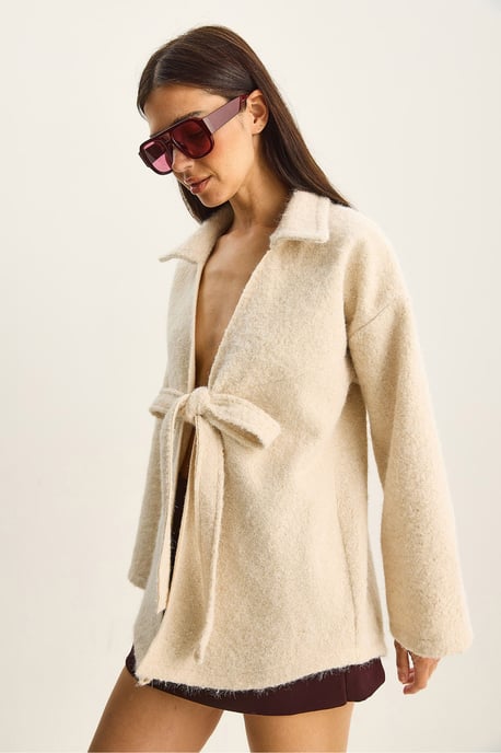 Strukturierter Übergroßer V-Ausschnitt Cardigan mit Bindeband - Image 4