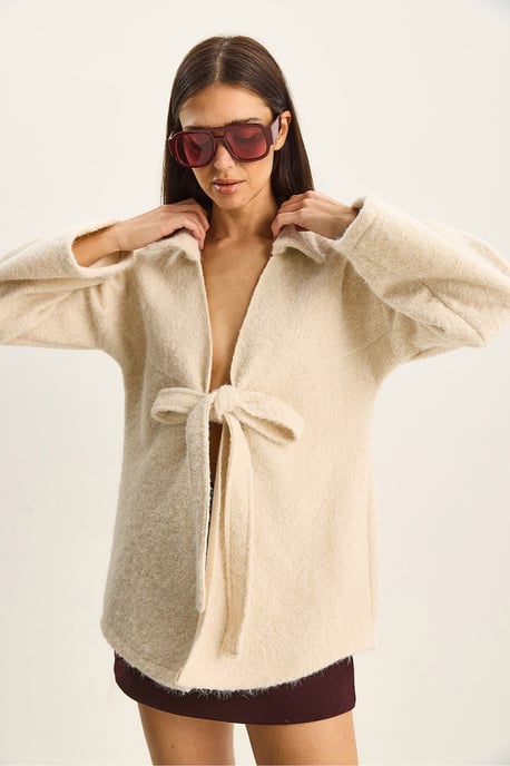 Strukturierter Übergroßer V-Ausschnitt Cardigan mit Bindeband - Image 5