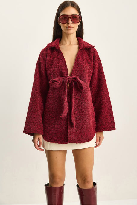 Strukturiertes Oversized V-Ausschnitt Cardigan mit Krawattenverschluss - Image 1