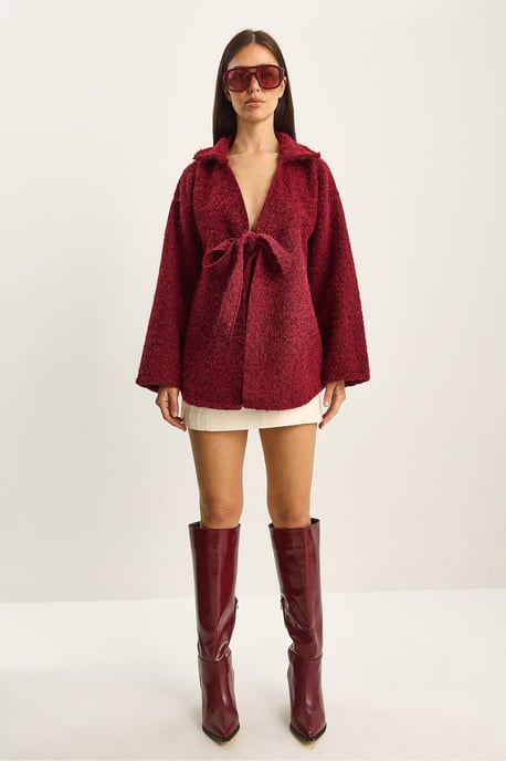 Strukturiertes Oversized V-Ausschnitt Cardigan mit Krawattenverschluss - Image 2