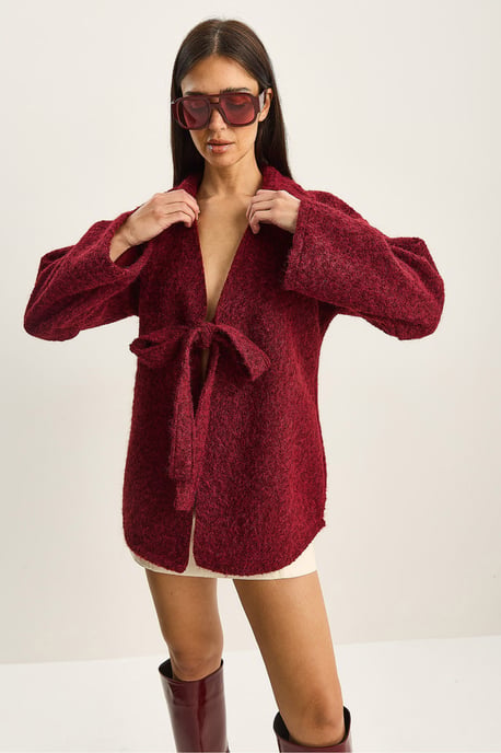 Strukturiertes Oversized V-Ausschnitt Cardigan mit Krawattenverschluss - Image 3