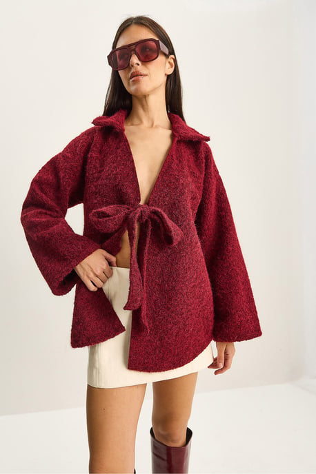 Strukturiertes Oversized V-Ausschnitt Cardigan mit Krawattenverschluss - Image 4
