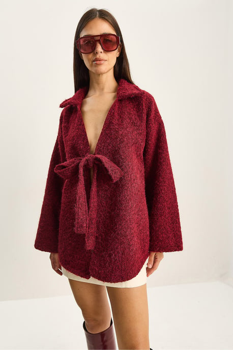 Strukturiertes Oversized V-Ausschnitt Cardigan mit Krawattenverschluss - Image 5