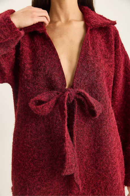 Strukturiertes Oversized V-Ausschnitt Cardigan mit Krawattenverschluss - Image 6