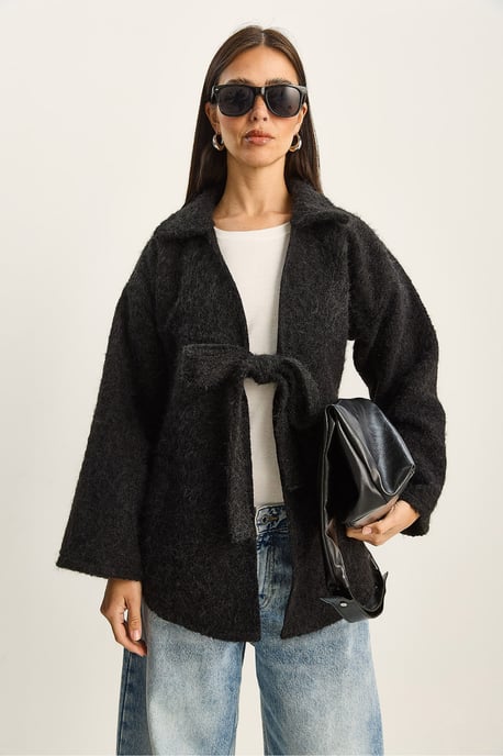 Strukturierter Übergroßer V-Ausschnitt Cardigan mit Bindegürtel - Image 2