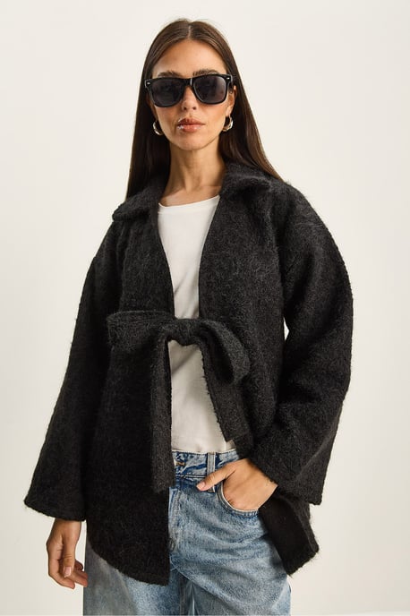 Strukturierter Übergroßer V-Ausschnitt Cardigan mit Bindegürtel - Image 5
