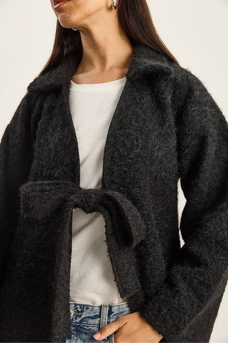 Strukturierter Übergroßer V-Ausschnitt Cardigan mit Bindegürtel - Image 6