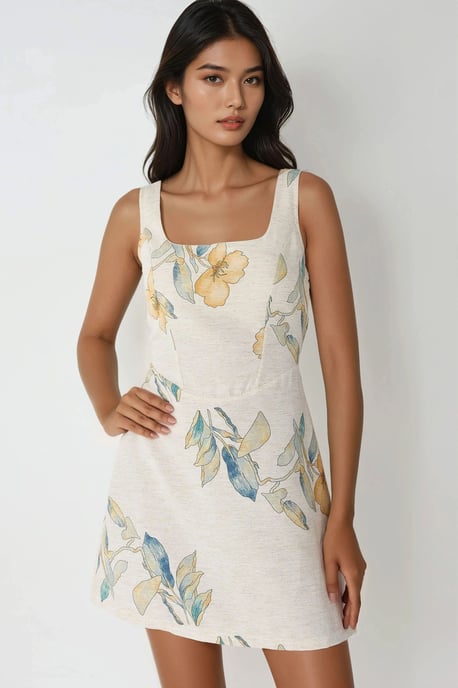 Quadratischer Ausschnitt Blumenmuster Leinen-Optik Mini Kleid - Image 5
