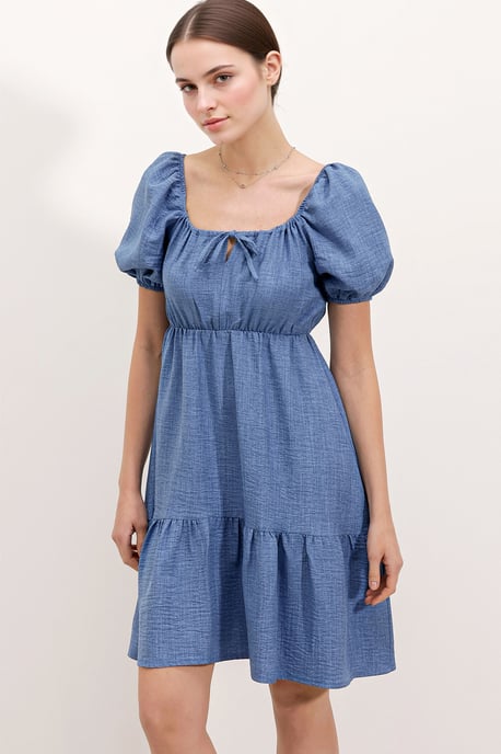 Quadratischer Halsausschnitt A-Form Mini-Kleid mit Schleife - Image 1