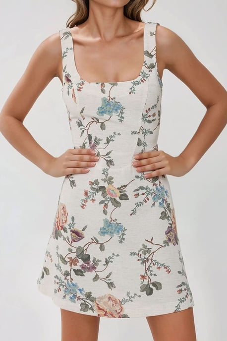 Quadratischer Ausschnitt Blumenmuster Leinen-Optik Mini Kleid - Image 4