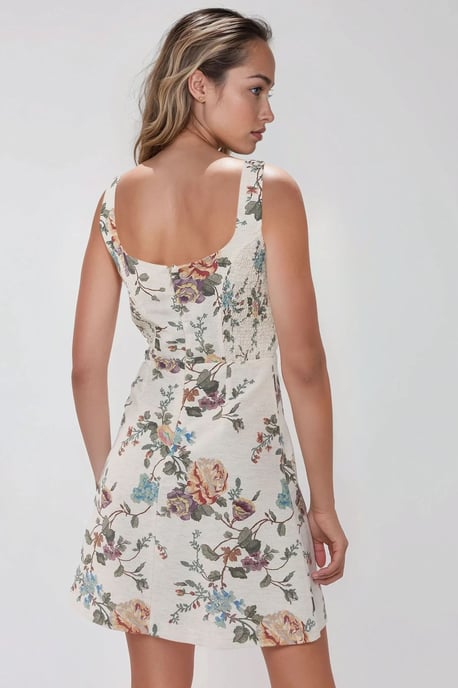 Quadratischer Ausschnitt Blumenmuster Leinen-Optik Mini Kleid - Image 5