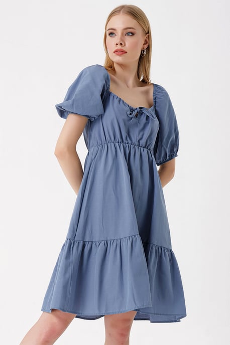Mini Kleid in A-Linie mit quadratischem Ausschnitt und Schleife - Image 3