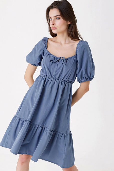 Mini Kleid in A-Linie mit quadratischem Ausschnitt und Schleife - Image 4