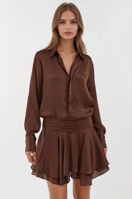 Rüschendrapiertes Mini-Kleid mit langen Ärmeln und Hemdkragen - Image 1