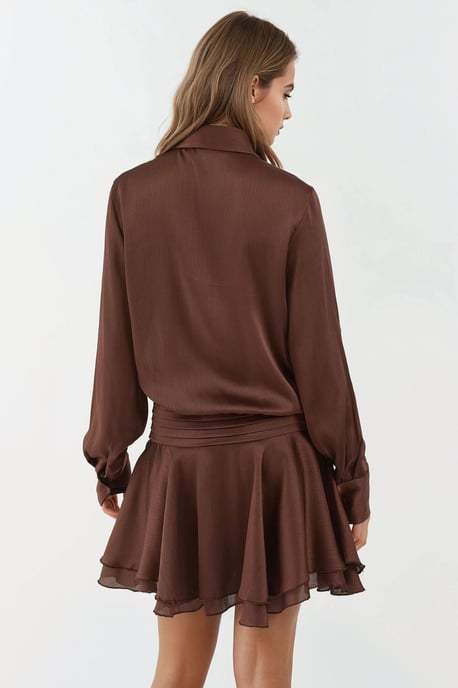 Rüschendrapiertes Mini-Kleid mit langen Ärmeln und Hemdkragen - Image 3