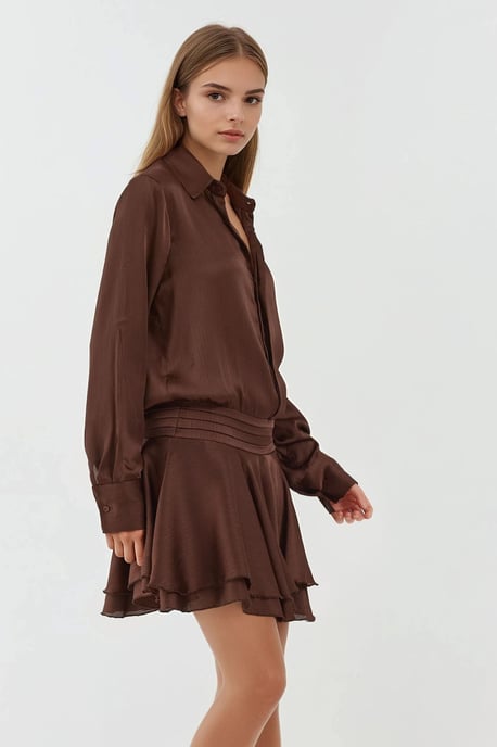 Rüschendrapiertes Mini-Kleid mit langen Ärmeln und Hemdkragen - Image 5