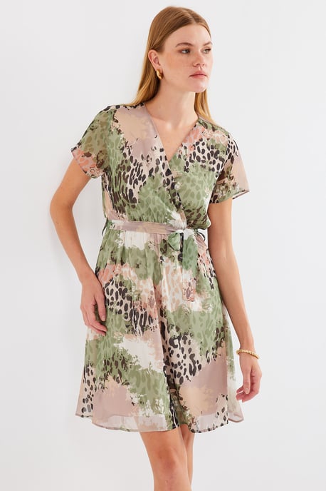 V-Ausschnitt Blumendesigner Mini-Kleid mit Bindegurt - Image 2
