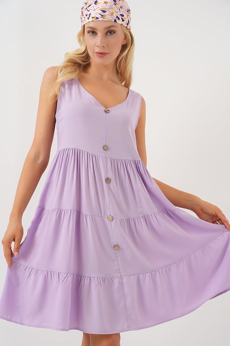 V-Ausschnitt ärmelloses Minikleid mit Knopfdetails - Image 5