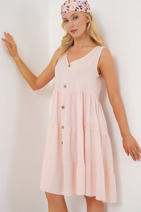 V-Ausschnitt ärmelloses Minikleid mit Knopfdetails - Image 1