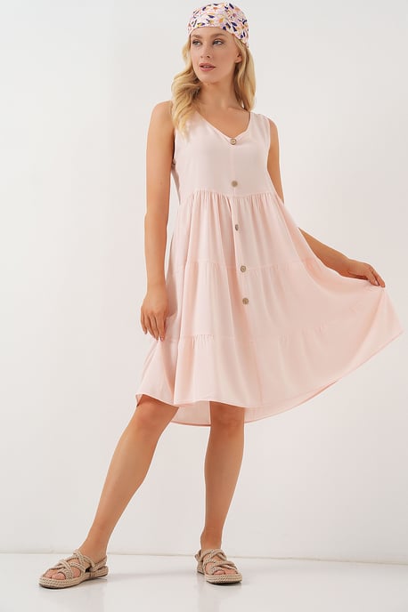 V-Ausschnitt ärmelloses Minikleid mit Knopfdetails - Image 3