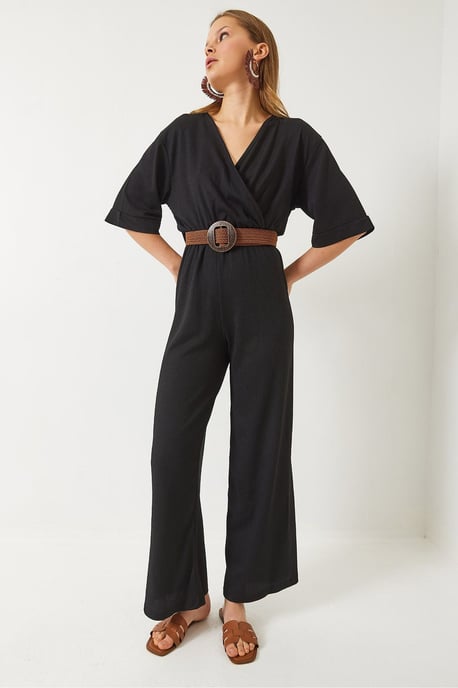V-Ausschnitt Jumpsuit mit weitem Bein und Schleife - Image 2