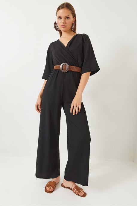 V-Ausschnitt Jumpsuit mit weitem Bein und Schleife - Image 3