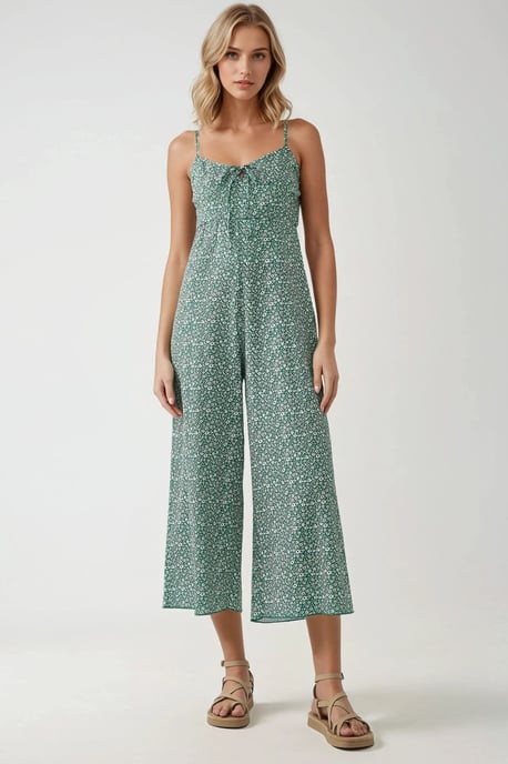 Weit geschnittener, floraler, gestrickter Jumpsuit mit V-Ausschnitt - Image 1