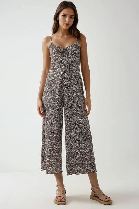 Weites Beinförmiger Floral Strick-Overall mit V-Ausschnitt - Image 1