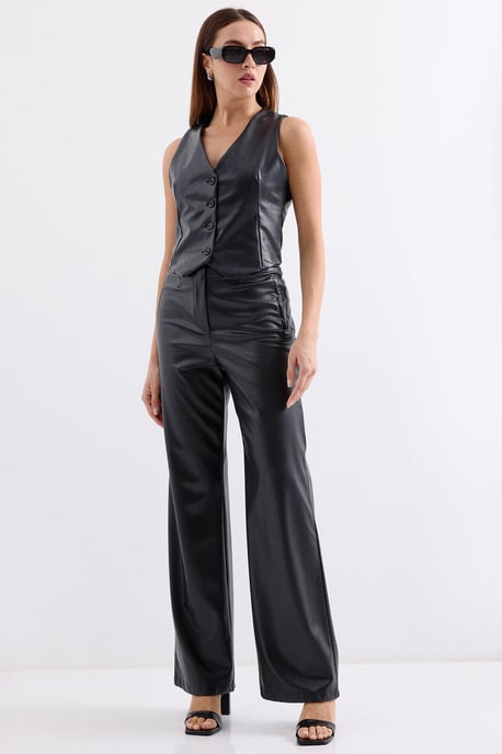 Kunstleder V-Ausschnitt Knopfbesteckter Crop-Top-Weste - Image 2