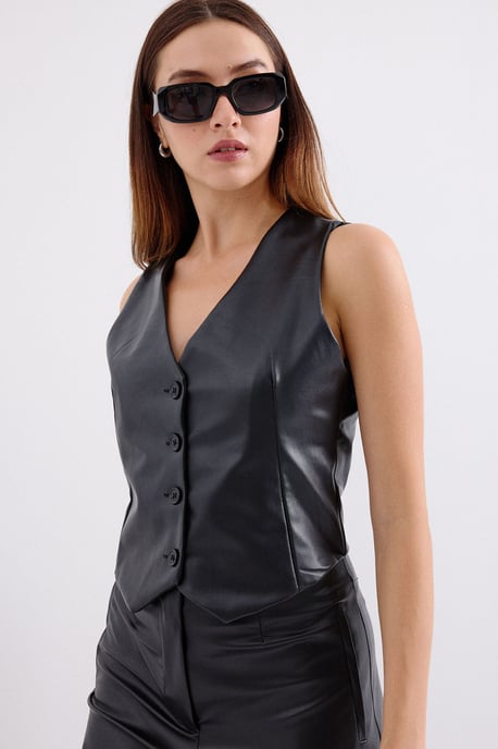 Kunstleder V-Ausschnitt Knopfbesteckter Crop-Top-Weste - Image 4
