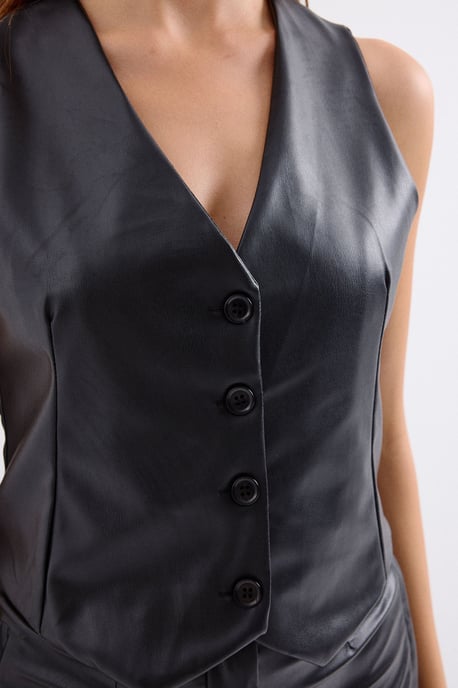 Kunstleder V-Ausschnitt Knopfbesteckter Crop-Top-Weste - Image 5