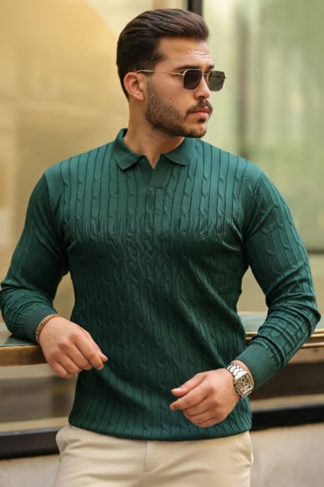 Kabelstrick-Polo-Kragenpullover - Image 2