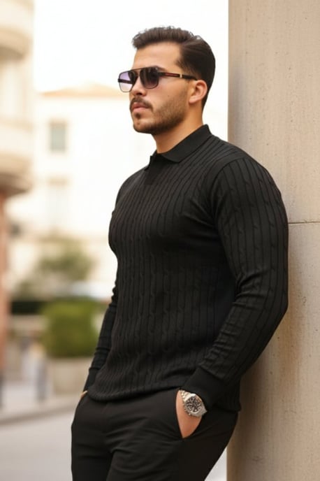 Kabelstrick-Polo-Kragenpullover - Image 2