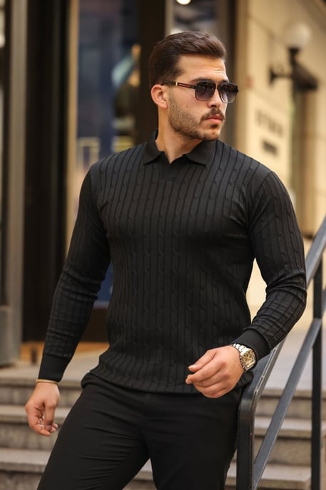Kabelstrick-Polo-Kragenpullover - Image 3