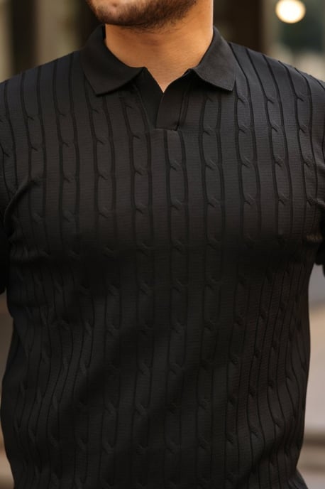 Kabelstrick-Polo-Kragenpullover - Image 4