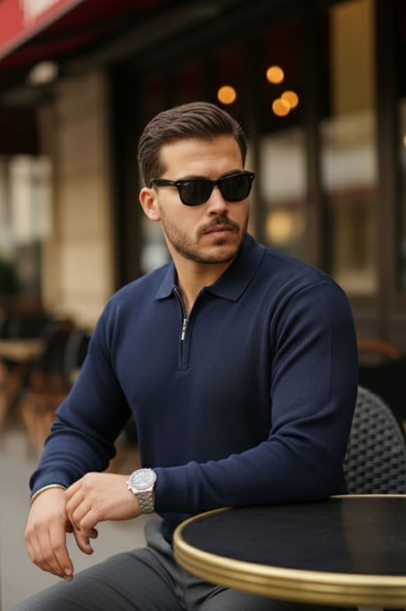 Slim Fit Strickpullover mit Reißverschluss und Polo-Kragen - Image 4