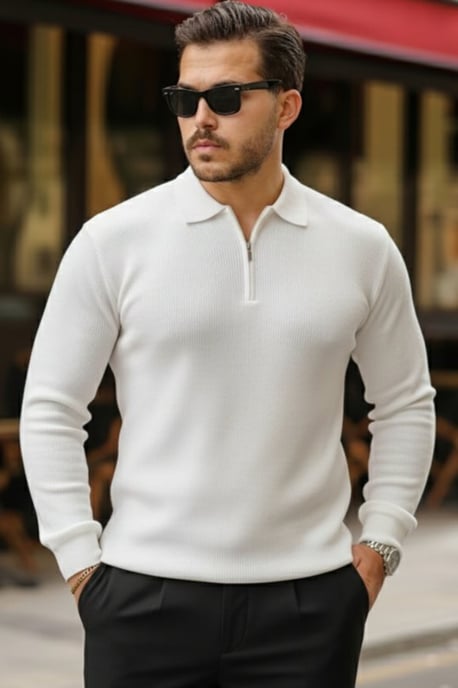 Slim Fit Strickpullover mit Reißverschluss und Polo-Kragen - Image 3