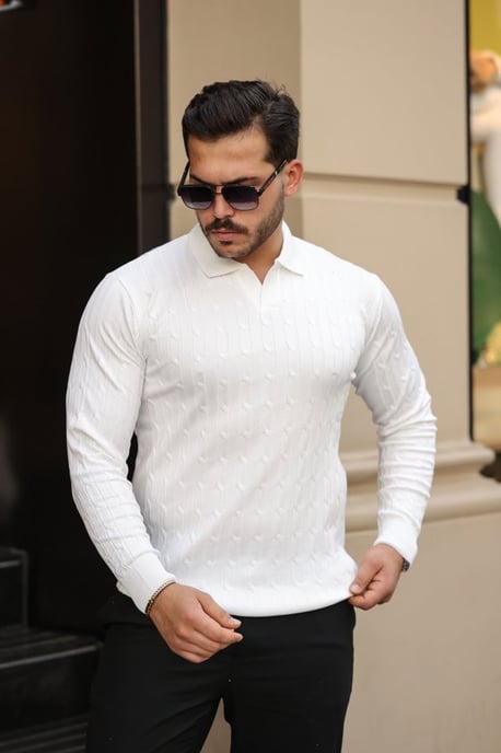 Kabelstrick-Polo-Kragenpullover - Image 2