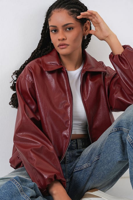 Überdimensionale F faux Leder Reißverschlussjacke - Image 3